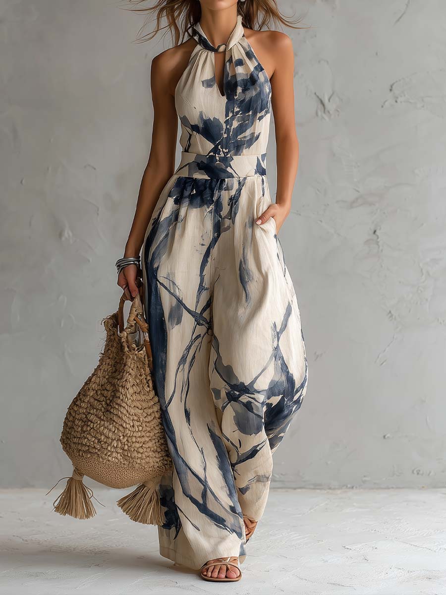 ABIGAIL | INK PRINT HALTER WIDE-LEG JUMPSUIT