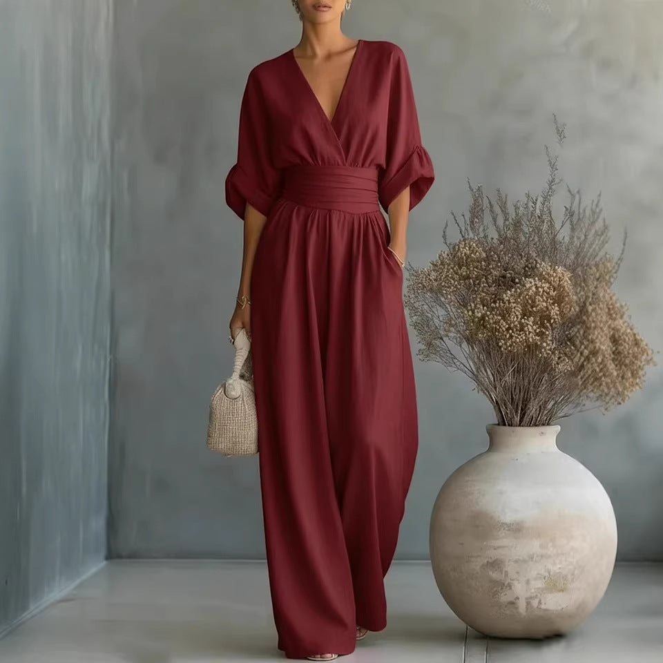 GEMMA | DRAPED WIDE-LEG V-NECK JUMPSUIT