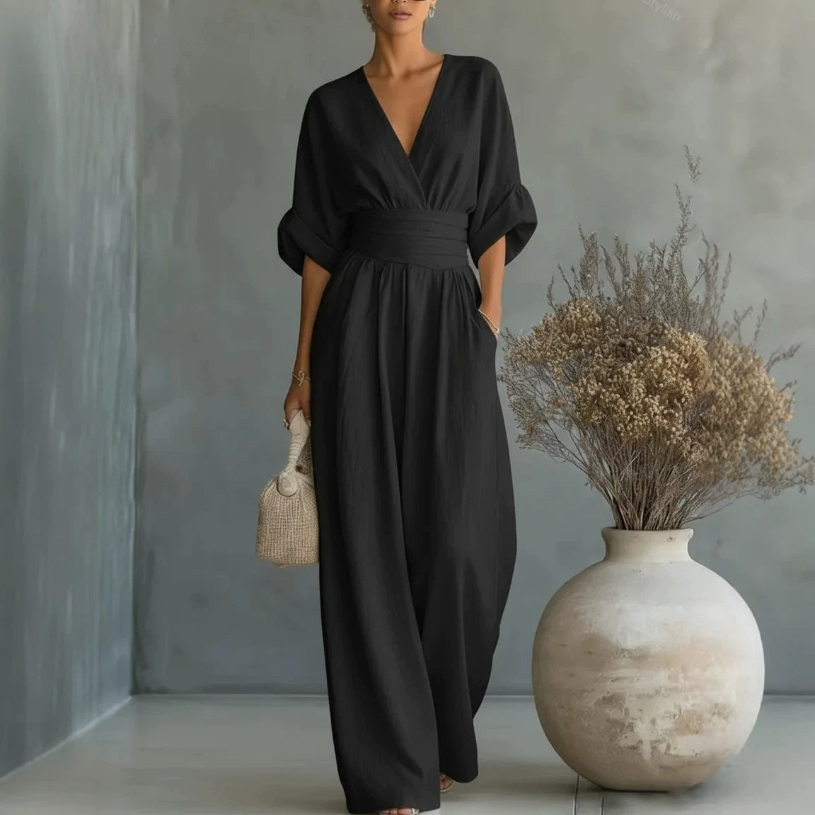 GEMMA | DRAPED WIDE-LEG V-NECK JUMPSUIT