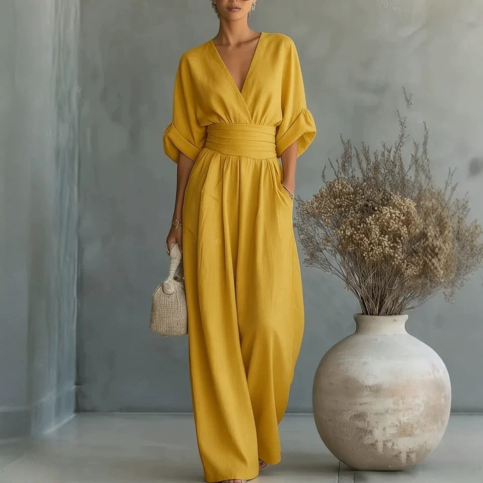GEMMA | DRAPED WIDE-LEG V-NECK JUMPSUIT