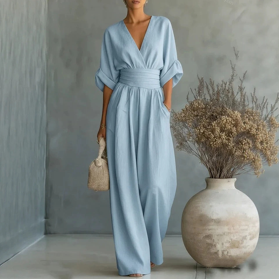 GEMMA | DRAPED WIDE-LEG V-NECK JUMPSUIT