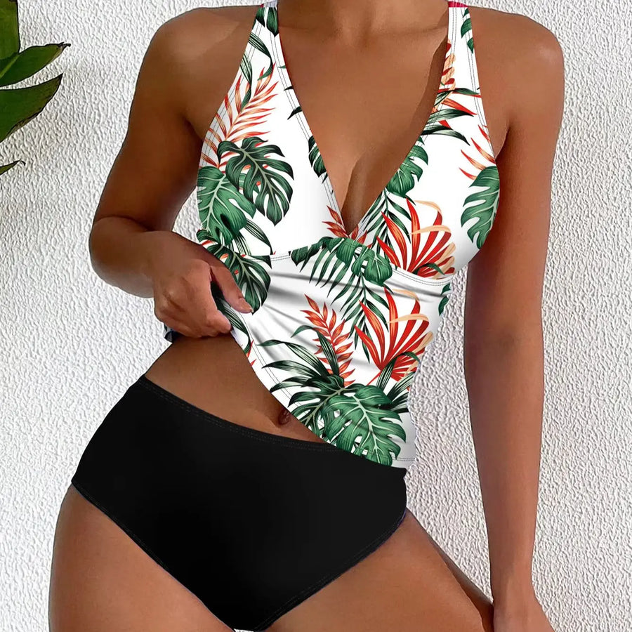 CELESTE | DEEP V HALTER HIGH WAIST TANKINI SET