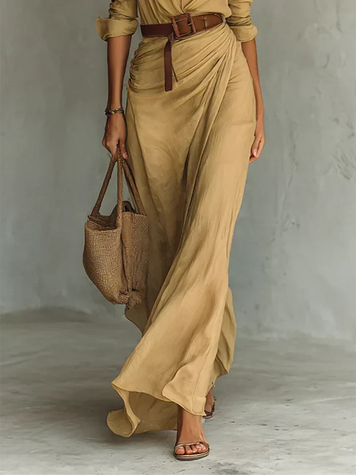 Una | Lapel V-Neck Belted Wrap Maxi Dress for Women