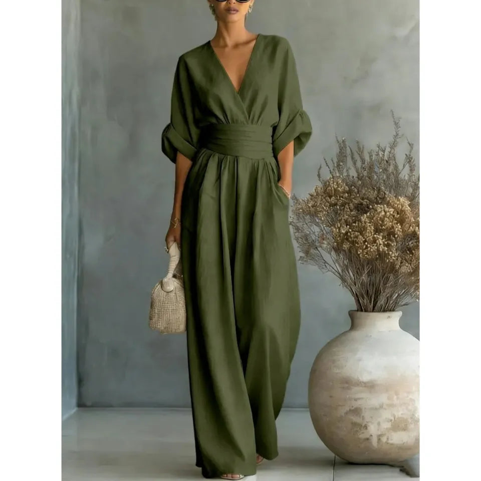 GEMMA | DRAPED WIDE-LEG V-NECK JUMPSUIT